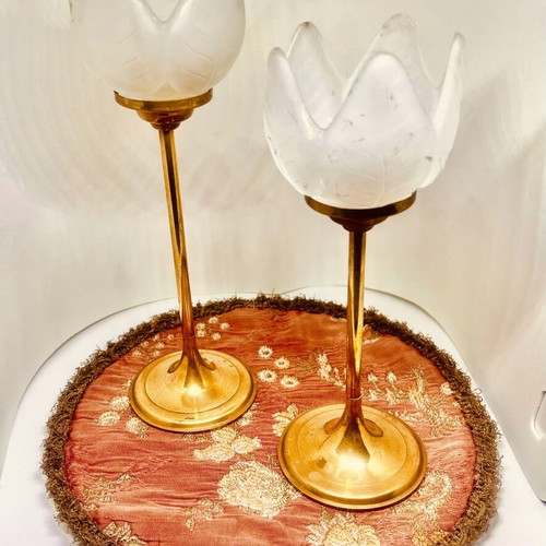 Vintage brass and frosted glass tealight candle holders set of 2 used