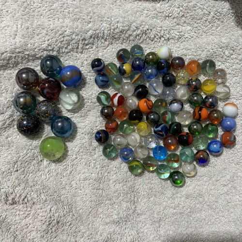 Glass marbles collection used, 83 pieces assorted colors and sizes