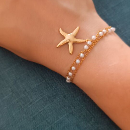 Necklace or bracelet with pearls and starfish, new