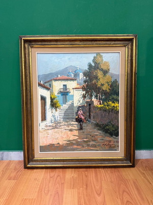 Ελαιογραφία Ν. Κριδέρας μεταχειρισμένη σε κορνίζα με θέμα Νησί