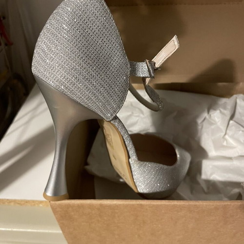 Silver high heels with ankle strap, size 41
