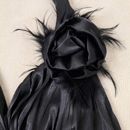 On Line Exclusive Black Satin Halter Top M/L Like New with Rose