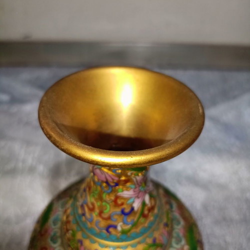 Vintage Cloisonne vase with gilded base and floral enamel design