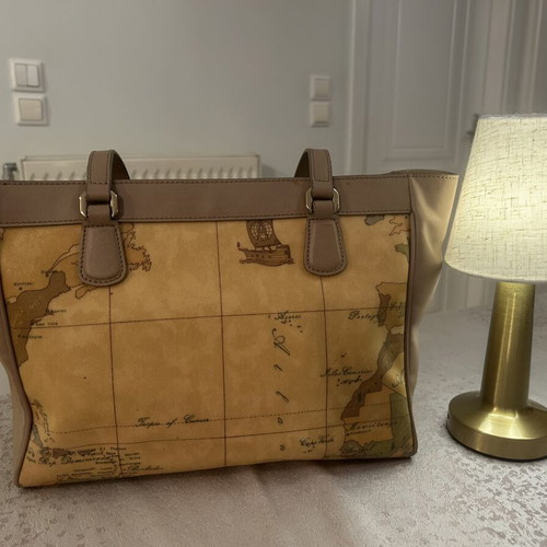 Alviero Martini 1a Classe Large Geo Map Shoulder Tote Bag like new, beige and brown
