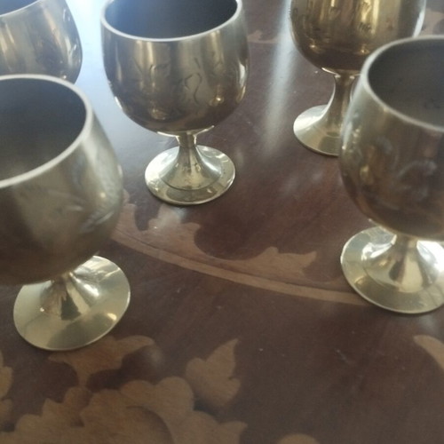 Vintage bronze liqueur glasses set of 6 used with intricate engraving