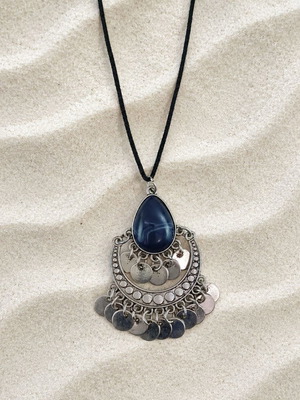 Boho necklace made of zinc and black leather, new, 52cm