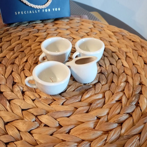 Mini vintage ceramic set used, three cups and milk jug