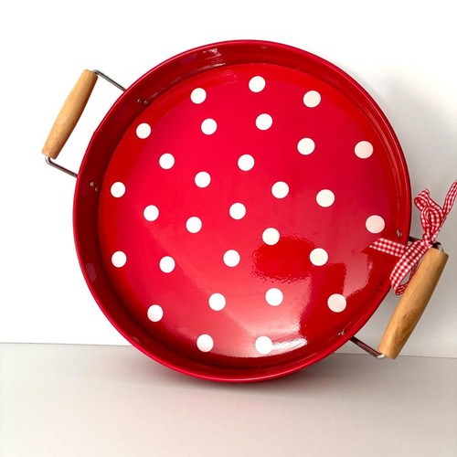 Spiegelburg metal serving tray with wooden handles, like new, red with white dots