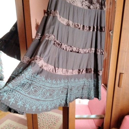 Vintage Whimsigoth maxi skirt like new with velvet tiers and paisley embroidery
