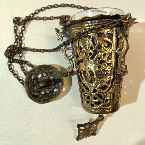 Bronze hanging lamp used with depiction of Saint George
