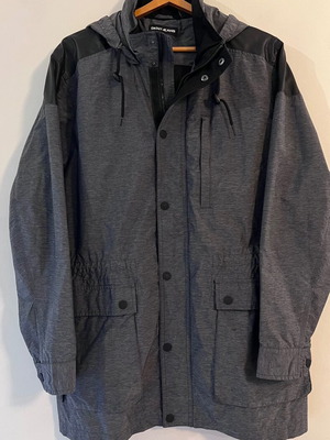 DKNY men's long parka jacket, grey melange, waterproof, with hood and flap pockets