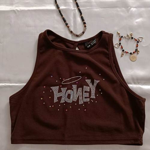 Shein Honey brown crop top like new, silver rhinestones, size M