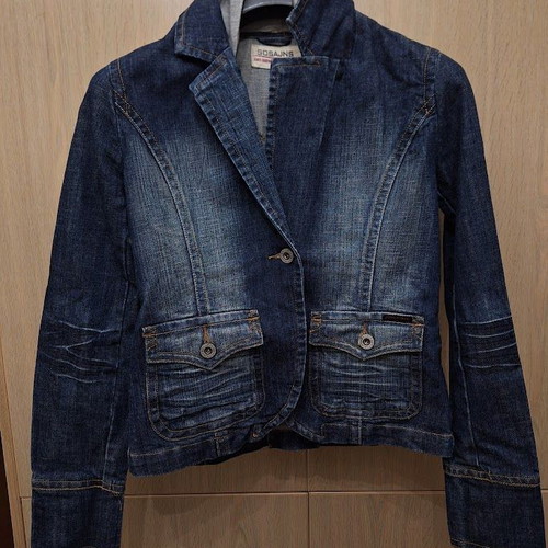 Women's jeans jacket with hood M like new, gray and blue