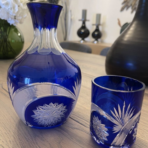 Antique carafe with glass like new, special blue color