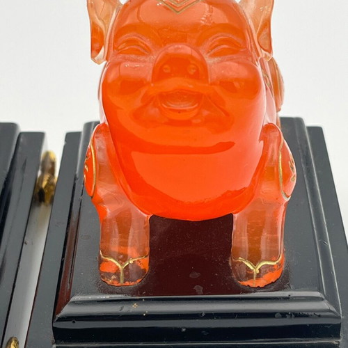 Vintage Feng Shui amber honey Murano-style pig figurines pair