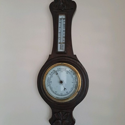 Vintage aneroid barometer with thermometer used, hand-carved wood case