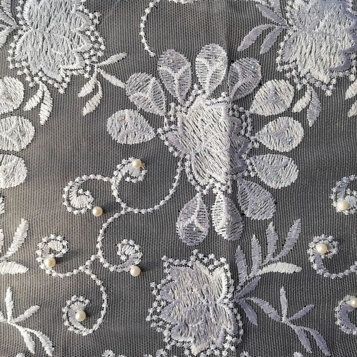 White guipure fabric 130/455 cm new with pearls and border