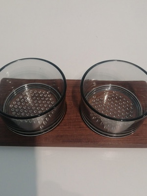 Wooden serving tray with two glass bowls vintage teak