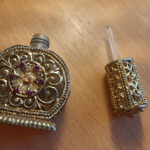 Vintage collectible perfume bottle used, handmade filigree with stones