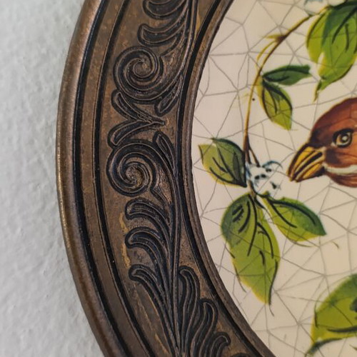 Vintage decorative wall plate 22cm with bird, used, crackle design