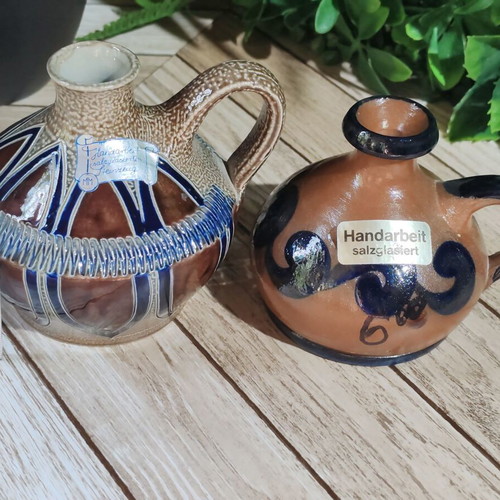 Merkelbach German collector's miniature jugs set of 2, hand-crafted salt glaze