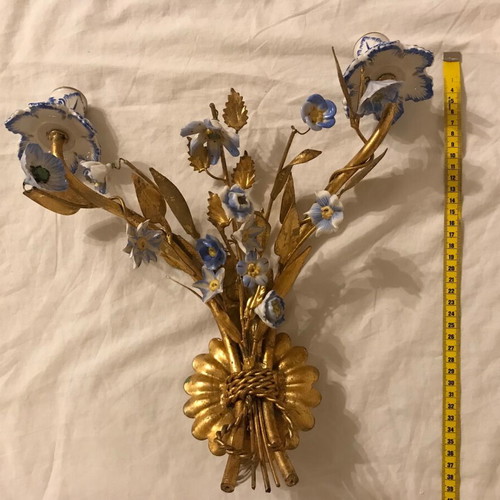 Antique wall lights used, set of 2 with porcelain flowers