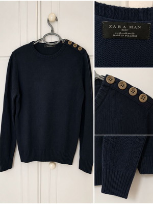 ZARA MAN πλεκτό πουλόβερ μπλε σκούρο με διακοσμητικά κουμπιά μέγεθος M μεταχειρισμένο