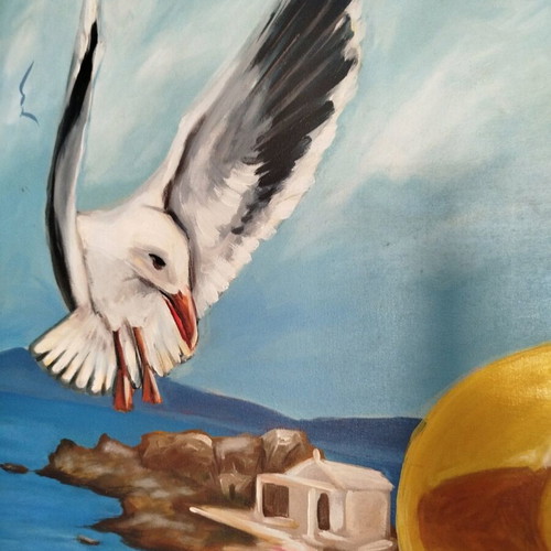 Painting "Yellow Hat" on canvas by Ch. Koiliaris like new, 2002