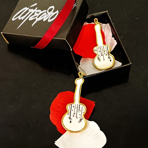 Earrings "Κιθάρες και Νότες" handmade, white and gold