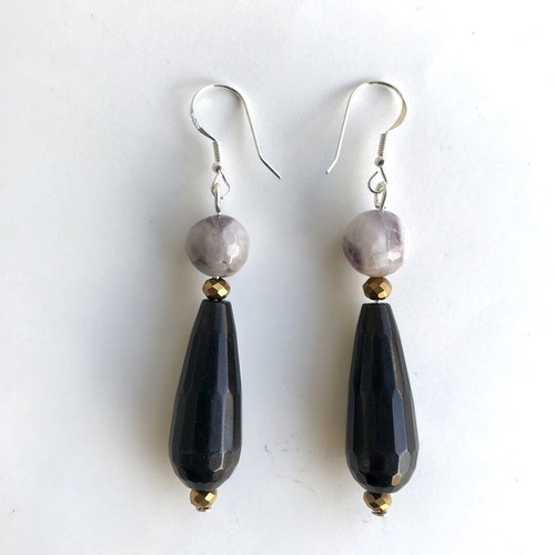 Earrings with jasper, amethyst and black nephrite, new, silver 925