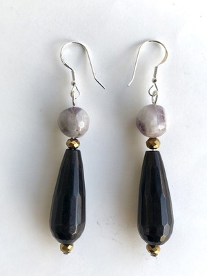 Earrings with jasper, amethyst and black nephrite, new, silver 925