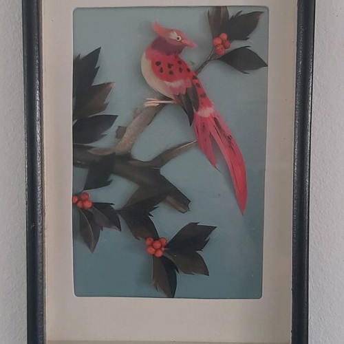 Wall frame with bird made of feathers used, 24x16cm