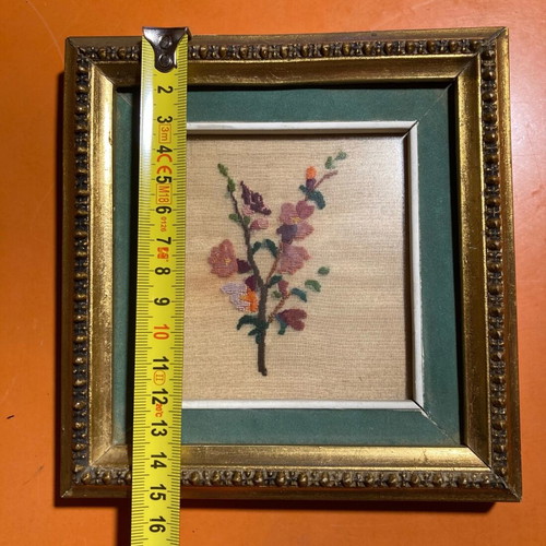 Framed handmade floral embroidery used with gold frame