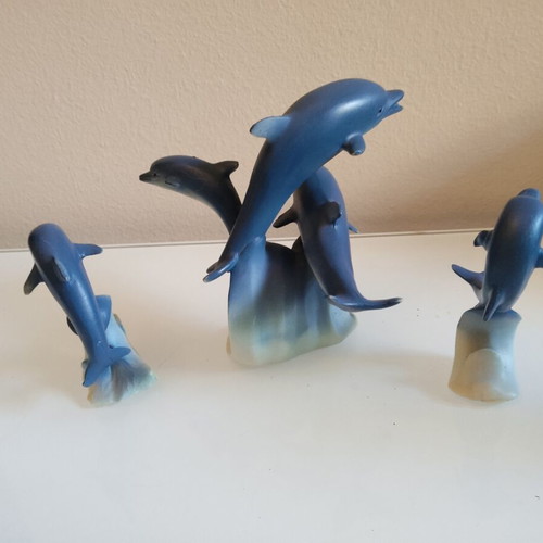 Decorative dolphin set used, pack of 3, blue-cream matte finish