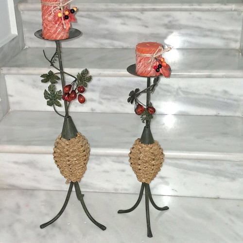 Set of 2 metal candlesticks new with glass grape decoration