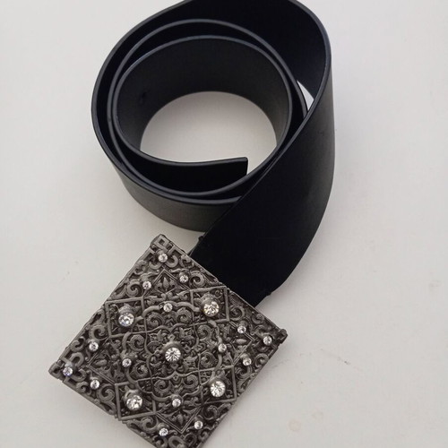 Vintage Y2K Black Wide Belt with Square Buckle and Rhinestones like new