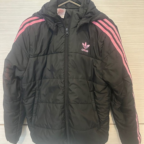 Adidas kids puffer jacket black with pink stripes like new, age 11-12