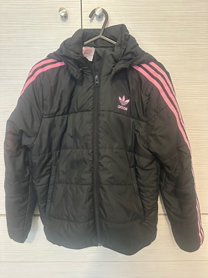 Adidas kids puffer jacket black with pink stripes like new, age 11-12