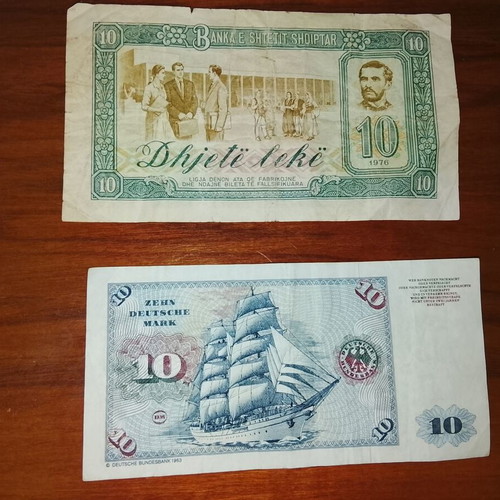 Albanian 10 Lek and German 1980 Mark banknotes used