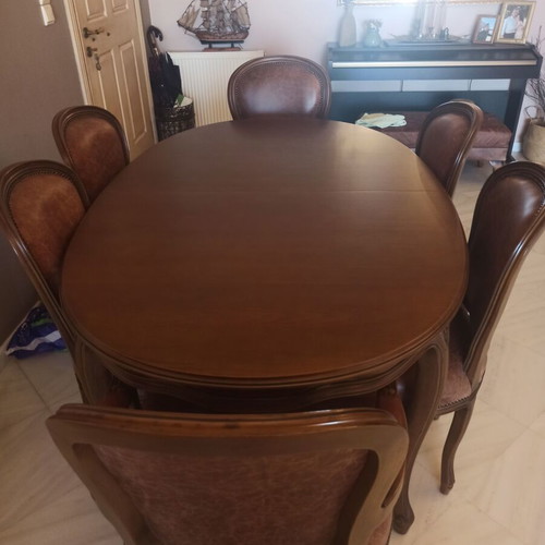 Dining table set with 4 leather chairs and 2 armchairs, beech wood