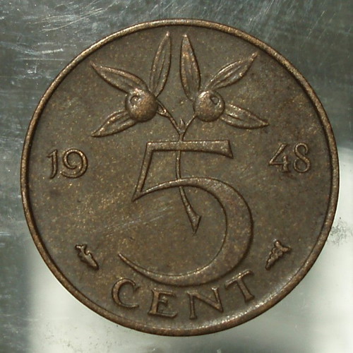 5 Cents 1948 Wilhelmina coin used