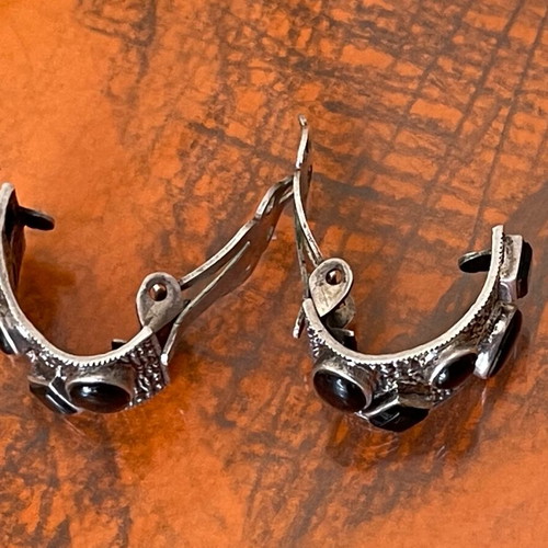 Large handmade silver vintage earrings 925 with agate like new, clip on