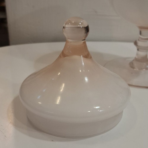 Vintage glass apothecary jar with lid and foot, pink opaline, like new