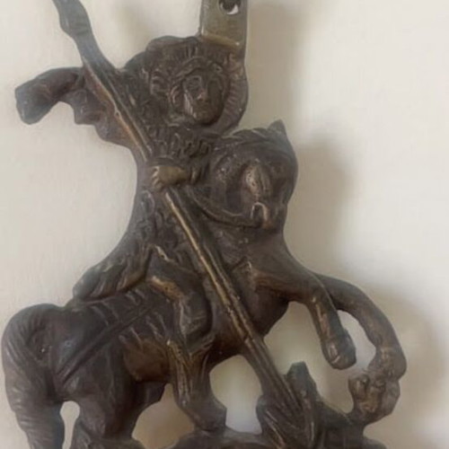 Art Nouveau wall-mounted double candlestick with Saint George and peacocks