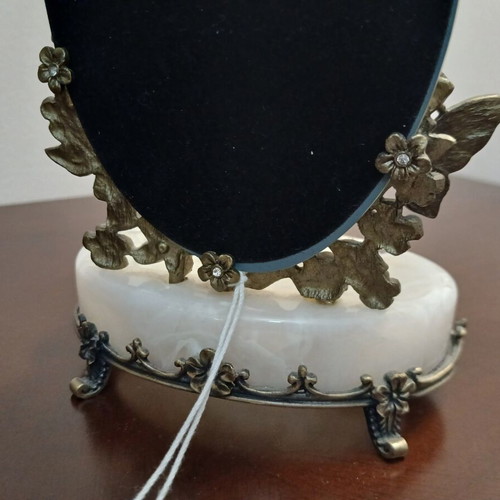 Brass jewelry box with mirror and enamel floral butterfly design