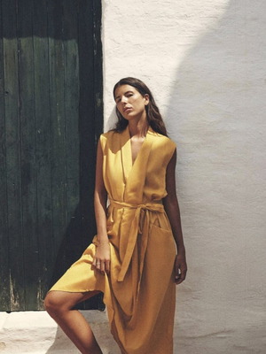 Zara Linen Midi Dress καινούργιο, μέγεθος M, κίτρινο μουσταρδί