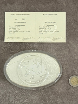 Rugby World Cup 2007 Silver Coin 50 Euro New, Limited Edition