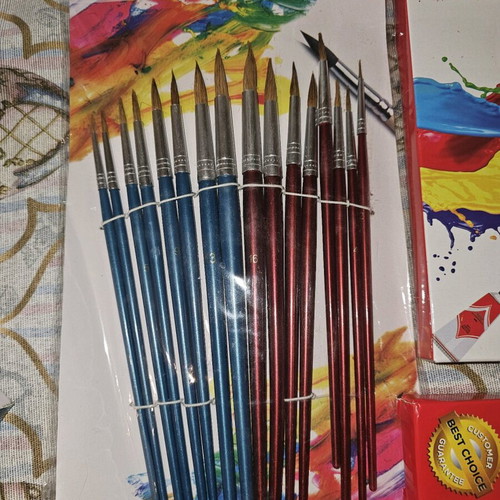 Art supplies like new with tempera, watercolors, plaster, brushes, and color papers