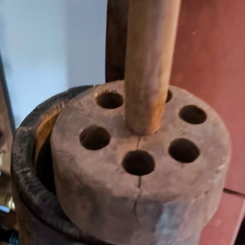 Wooden vintage butter churn Kadhi with butter paddle used
