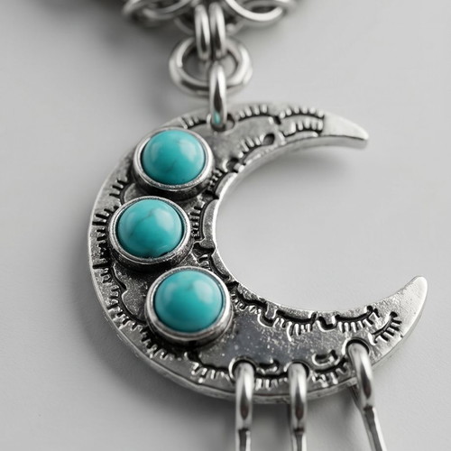 Steel Byzantine Necklace with Crescent and Turquoise Stones new